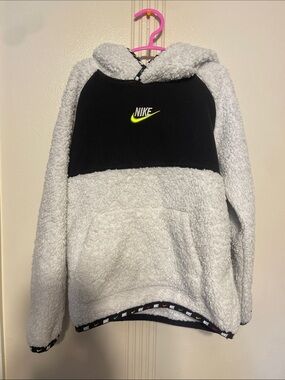 Nike Black and White Sherpa Hoodie with Neon Yellow Swoosh